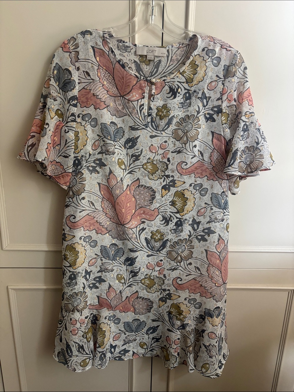 LOFT Floral Short-Sleeve Tunic Dress in Pink, Blue, Olive on White